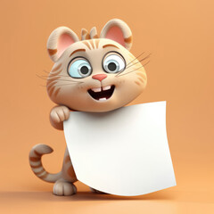 Cute cartoon cat holding blank sheet of paper. Copy space, mockup for text or logo. Generative AI