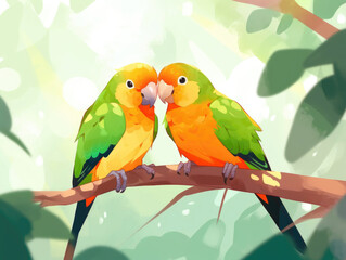 Fototapeta na wymiar Pair of lovebirds parrots. Generative AI illustration