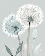 Delicate and soft illustration with dandelions. Generative AI art