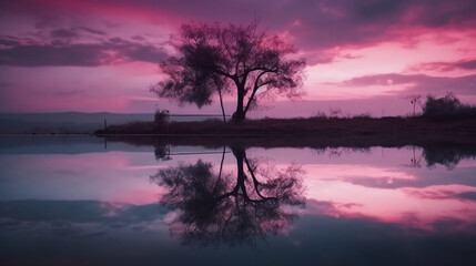 Fototapeta na wymiar A scene in which the entire purple sky is reflected in the water. AI generative