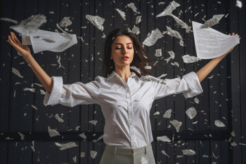 Business woman throwing paper sheets into the air. Generative AI