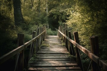 Fototapeta na wymiar A wooden bridge in a forested area. Generative AI