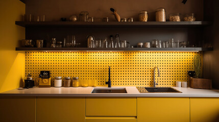 stylish kitchen interior with white counters, peg boards and yellow wall, generative ai