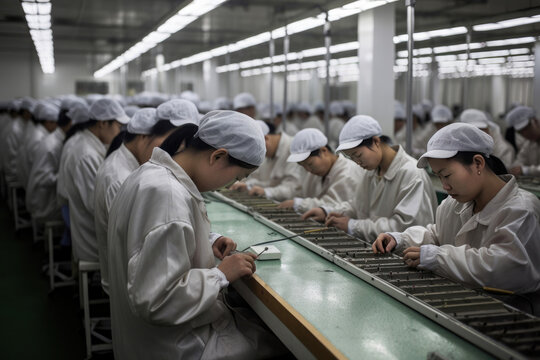 Rows of workers in factory. Generative AI