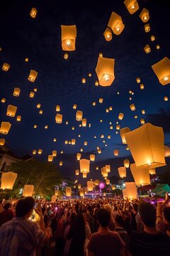 illustration, sky lantern festival walking down the street, ai generative