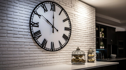 Design to Your Kitchen - A Big Clock on a White Brick Wall, generative ai