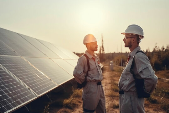 Portrait of male engineers standing near solar panels power plants. Generative AI