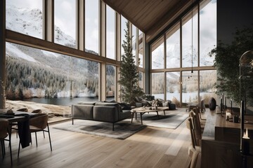 A contemporary Scandinavian home with expansive mountain views through oversized windows. Generative AI