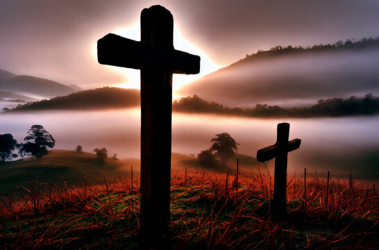 Christian cross on hill in foggy weather. Christian cross in nature. Generative AI.