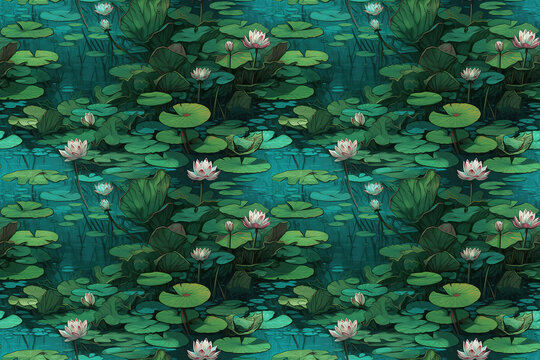 Turquoise Lotus Pond, tile pattern , generative ai