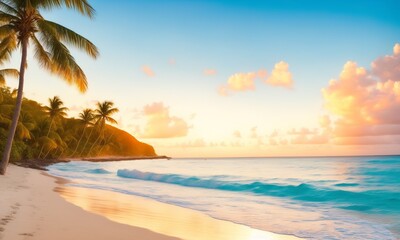 Fototapeta na wymiar Beach in Caribbean island at sunset (Generative AI)