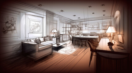 Naklejka na ściany i meble Abstract sketch design of interior living. Generative AI
