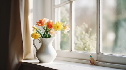 Spring flowers in vase. Illustration AI Generative.