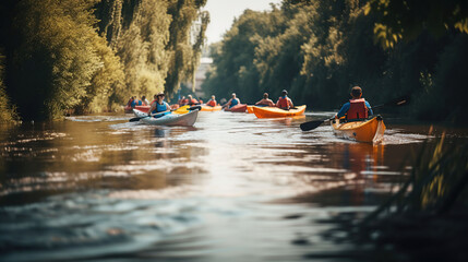 kayaking on the river. Active recreation in the open air. Outdoor summer vacations. Holiday travel activities. Discover the beauty of earth, generative ai