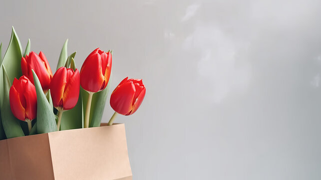 Red tulips bouquet in paper shopping bag Illustration AI Generative.