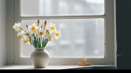 Spring flowers in vase. Illustration AI Generative.