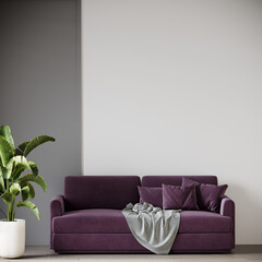 Modern interior design - lounge area with a bright accent sofa. Purple plum violet couch and gray walls are the luxury trend. Minimalist mockup for art or gallery, exhibition. 3d rendering