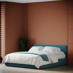 Bright colorful bedroom with terracotta orange walls for art. Beautiful luxury colour - azure blue or turquoise teal velvet beds. Mockup interior design room hotel, home or condo apartment. 3d render