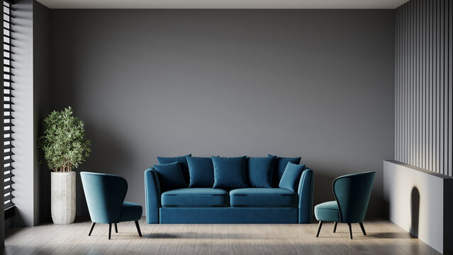 Large living room salon with lounge area. Gray dark empty blank painted walls and a bright colorful blue navy sofa and two teal armchairs. Mockup modern interior design. 3d rendering