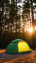 Tourist tent in forest at sunset. Travel concept. Generative AI.