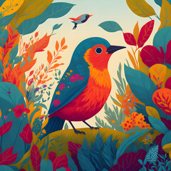 Colorful drawing of a bird on a background of flowers.