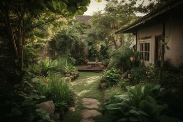 Fototapeta na wymiar A backyard with lush greenery and a well-tended garden. Generative AI