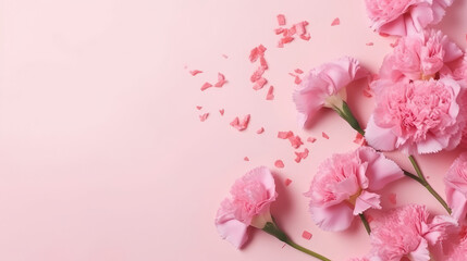 Fototapeta na wymiar Pink carnations on pink background with confetti.