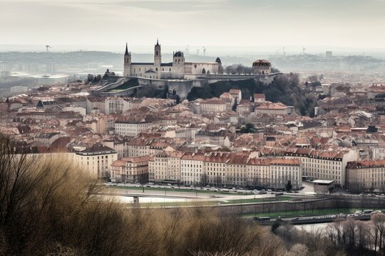 View of Lyon cityscape against a white background. Generative AI