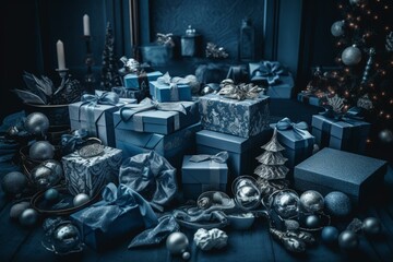 Many blue gifts for Christmas. Generative AI