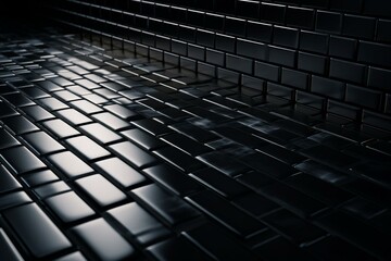 Rectangular mosaic tiles in a shiny, stacked black brick pattern. 3D render. Generative AI