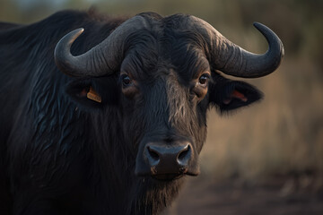 Naklejka premium buffalo looking at camera, beautiful background, ai generated.