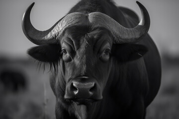 Naklejka premium buffalo looking at camera in black and white, beautiful background, ai generated.