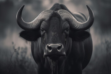 Naklejka premium buffalo looking at camera in black and white, beautiful background, ai generated.