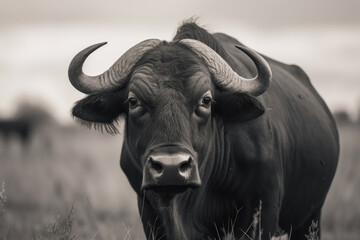buffalo looking at camera in black and white, beautiful background, ai generated.