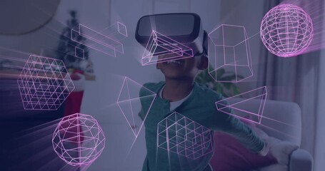 Animation of glowing 3d shapes over african american boy using vr headset - Powered by Adobe