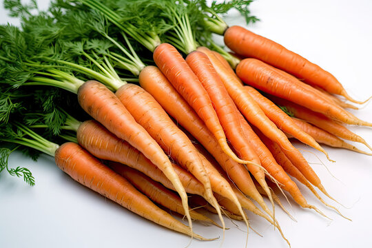 Carrots of Great Quality on a White Background Shot from Top Right.
