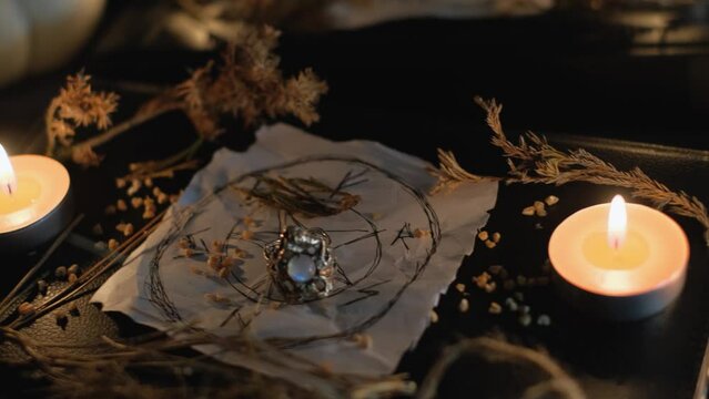 Items for ritual or black magic on the table, close-up. Magic, witchcraft, esoteric concept