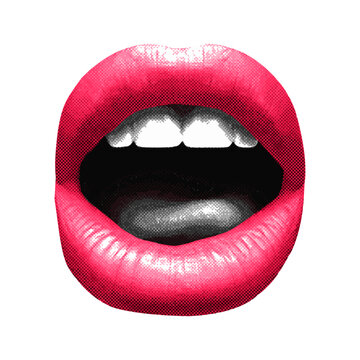 red lips isolated mouth with tongue teeth in retro halftone texture vintage dotted pop art style collage elements for mixed media design grunge punk crazy templates