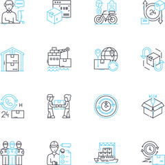 Shipping logistics linear icons set. Cargo, Transport, Freight, Customs, Inventory, Packaging, Shipment line vector and concept signs. Delivery,Documentation,Export outline illustrations