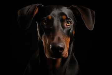 doberman with standing ears looking at the camera, beautiful background, black background, ai generated.