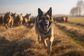 German shepherd dogs running after sheep in a beautiful field, ai generated.