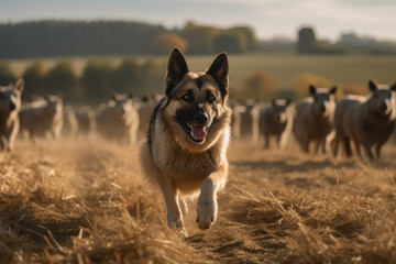 German shepherd dogs running after sheep in a beautiful field, ai generated.