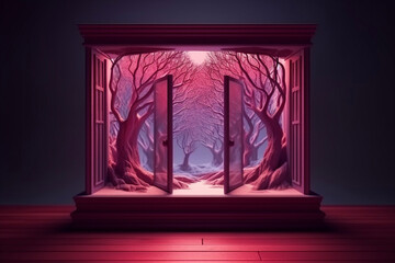 Elaborate Glass Window Frame with Trees, Vines Twisted Trunks 3D Red PInk Dark Generative AI