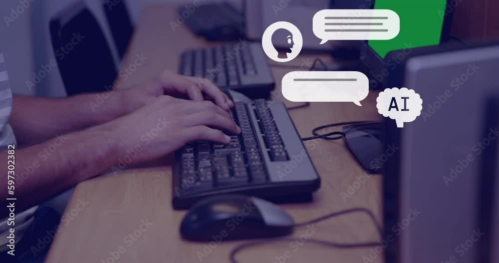 Poster animation of ai data processing over caucasian man using computer