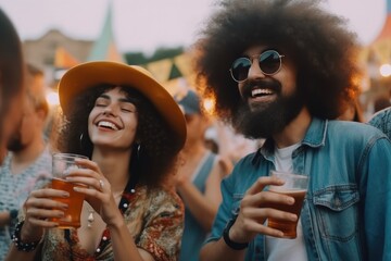 Vibrant social scene at an outdoor festival concert, with a cheerful crowd enjoying the atmosphere and each other's company. People can be seen drinking beer and having a good time Generative AI
