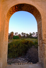 Fototapeta na wymiar Arab historical building consisting of columns and windows made of clay and rocks, overlooking a nature of palm trees and green trees 