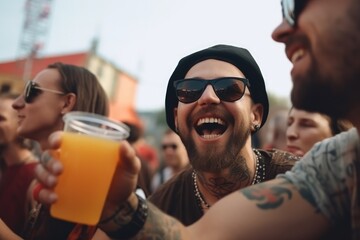 Obraz premium Vibrant social scene at an outdoor festival concert, with a cheerful crowd enjoying the atmosphere and each other's company. People can be seen drinking beer and having a good time Generative AI