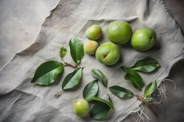 pile of fresh green apples on a cloth. Generative AI