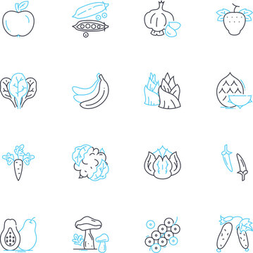 Supermarket goods linear icons set. Groceries, Produce, Snacks, Beverages, Dairy, Frozen, Meat line vector and concept signs. Seafood,Bakery,Canned outline illustrations