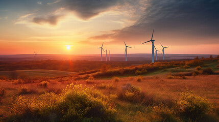 Wind Turbines In Rural Landscape At Sunset, generative ai